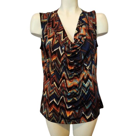 Elegant Draped Brown and Black Blouse with V-Neck - Picture 1 of 4